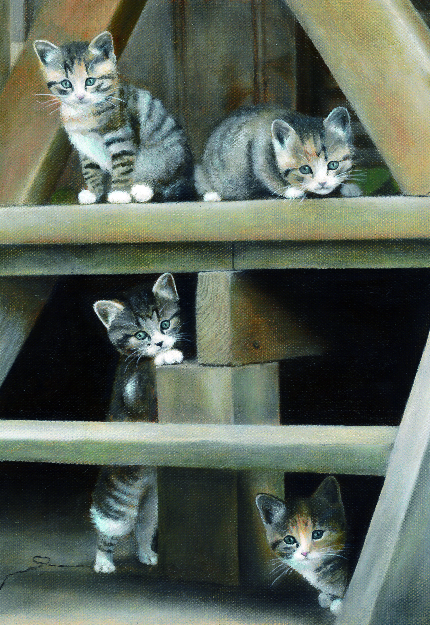 100%手描き 猫の油彩画 虎顔猫 リラックス 木製フレーム付き 額縁